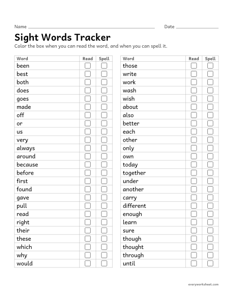 Preview of the printable “2nd grade sight words tracker” worksheet: tracking which 2nd grade sight words a child can read and spell