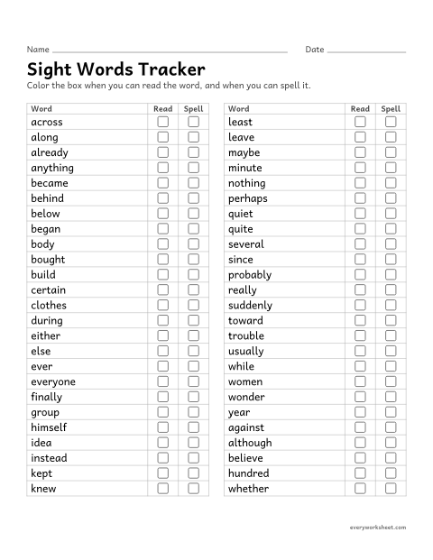 Preview of the printable “3rd grade sight words tracker” worksheet: tracking which 3rd grade sight words a child can read and spell