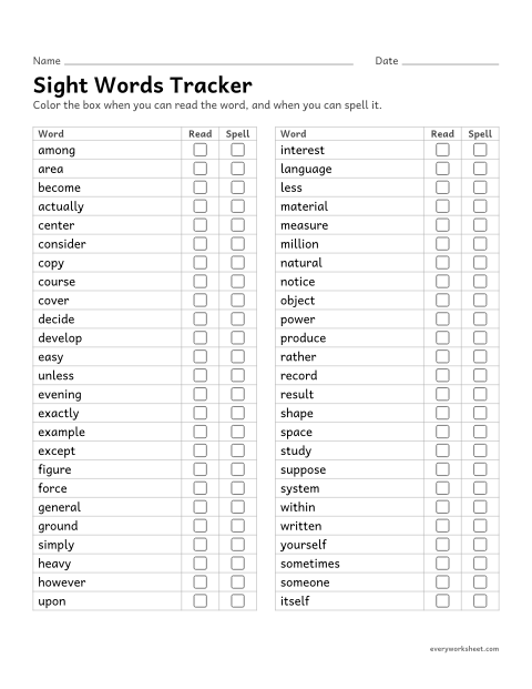 Preview of the printable “4th grade sight words tracker” worksheet: tracking which 4th grade sight words a child can read and spell