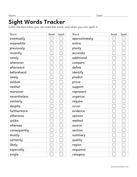 Preview of the printable “5th grade sight words tracker” worksheet: tracking which 5th grade high-frequency words a child can read and spell