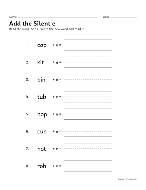 Preview of the printable “Add the silent e” worksheet: adding a silent e to change a short vowel word into a long vowel word (cap, cape)