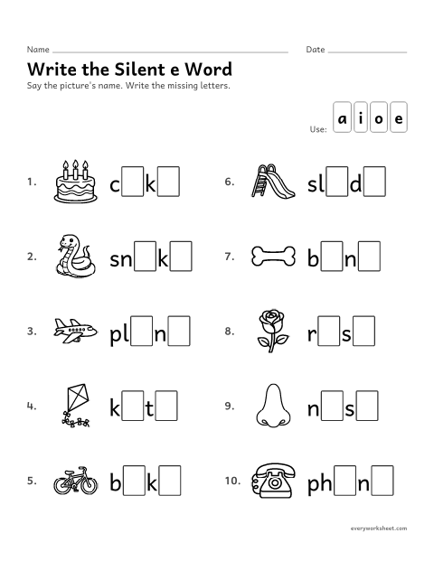 Preview of the printable “Write the silent e word” worksheet: writing the vowel and silent e in picture words