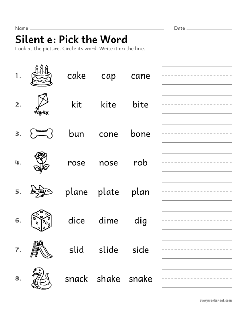Preview of the printable “Silent e: pick the word” worksheet: choosing and writing the silent e word for a picture