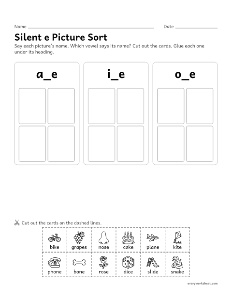 Preview of the printable “Silent e picture Sort: cut and paste” worksheet: sorting a_e, i_e and o_e pictures