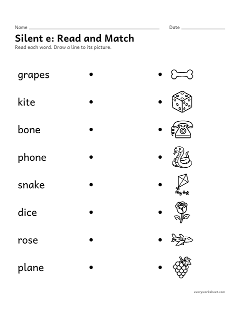 Preview of the printable “Silent e: read and match” worksheet: reading silent e words and matching them to pictures