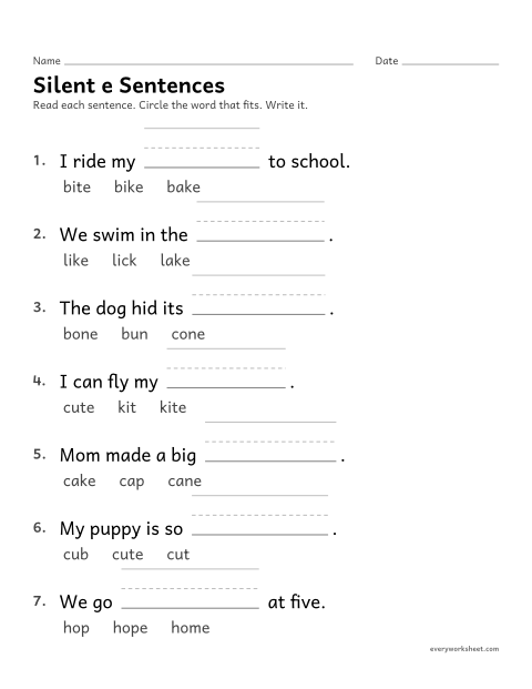 Preview of the printable “Silent e sentences” worksheet: choosing the silent e word that fits a sentence