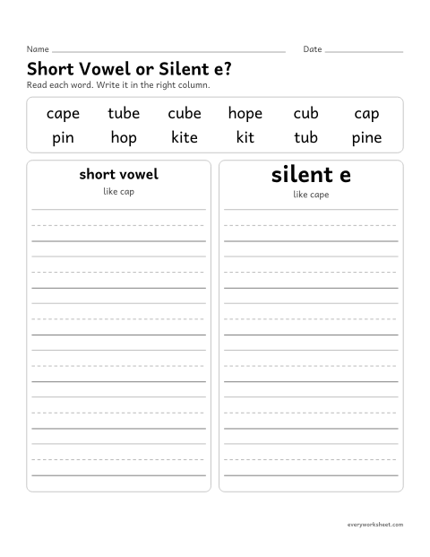 Preview of the printable “Short vowel or silent e? sort” worksheet: sorting short vowel words and silent e words