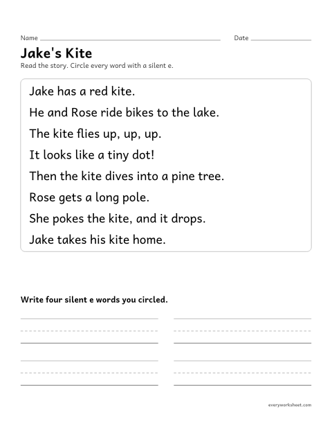 Preview of the printable “Silent e Story: Jake's kite” worksheet: finding silent e words in a short story