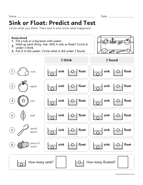 Preview of the printable “Sink or float predict and test record sheet” worksheet: predicting and testing what sinks and floats