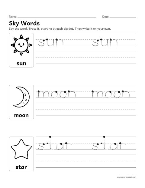 Preview of the printable “Sky words Tracing: Sun, Moon, star” worksheet: tracing and writing sun, moon and star