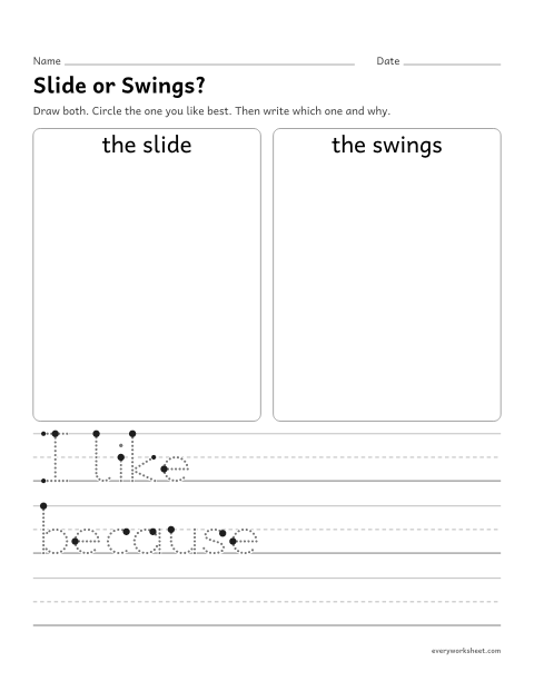 Preview of the printable “Slide or swings opinion writing prompt” worksheet: choosing between the slide and the swings and telling why