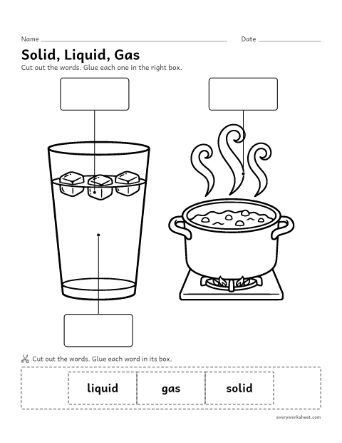 Preview of the printable “Solid, Liquid, gas cut and paste” worksheet: labeling solid, liquid and gas