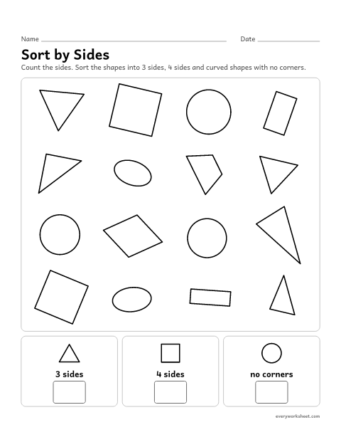 Preview of the printable “Sort by sides” worksheet: sorting shapes by number of sides and counting