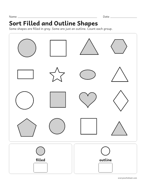 Preview of the printable “Sort filled and outline shapes” worksheet: sorting by a look-alike attribute and counting