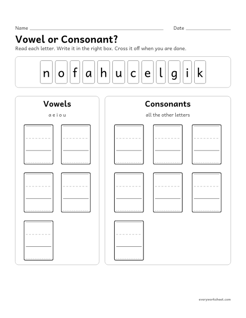 Preview of the printable “Sort vowels and Consonants: lowercase” worksheet: sorting letters into vowels and consonants