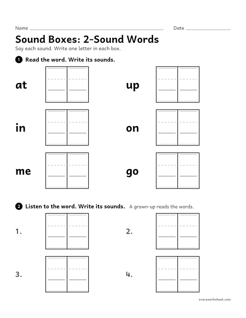 Preview of the printable “Sound Boxes: 2-Sound words” worksheet: writing each sound in 2-sound words