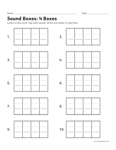 Preview of the printable “Sound Boxes: 4 boxes” worksheet: writing the 4 sounds of a spoken word