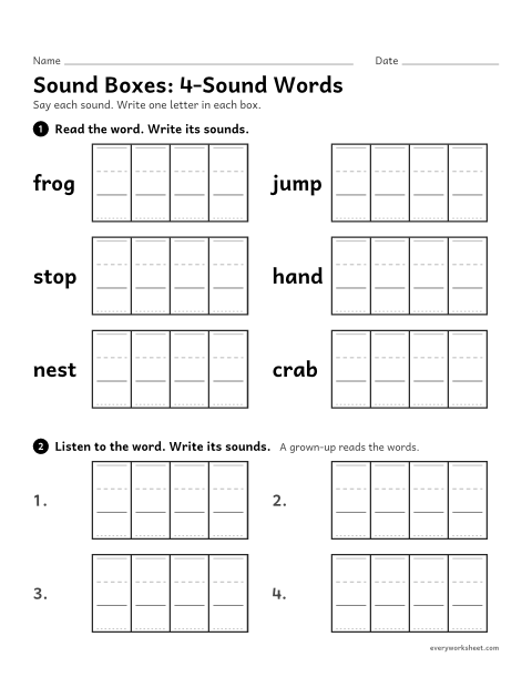 Preview of the printable “Sound Boxes: 4-Sound words” worksheet: writing each sound in 4-sound words