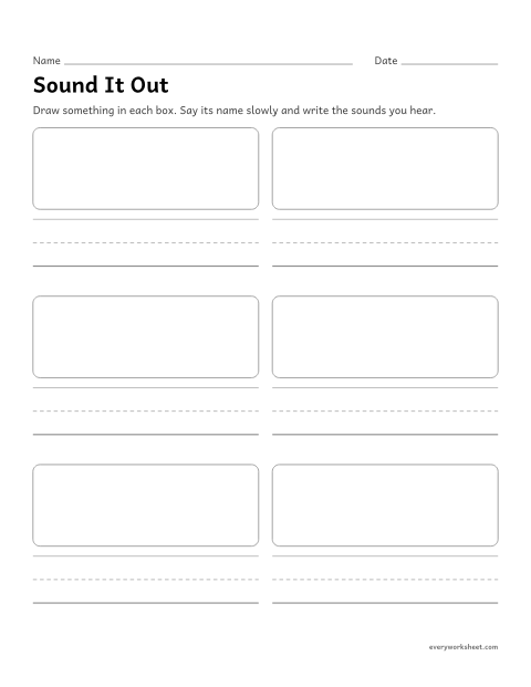 Preview of the printable “Sound it Out: draw and write words” worksheet: writing words by listening for the sounds