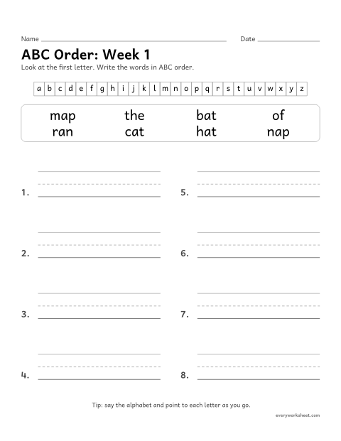 Preview of the printable “ABC Order: week 1 (Short a)” worksheet: putting spelling words in ABC order by the first letter