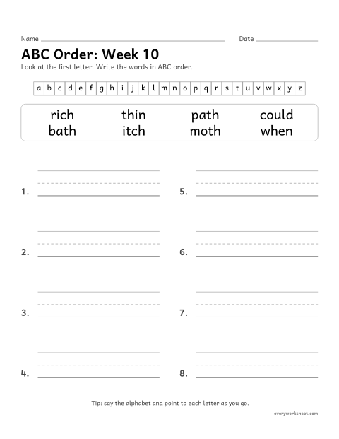 Preview of the printable “ABC Order: week 10 (Words with th and wh)” worksheet: putting spelling words in ABC order by the first letter