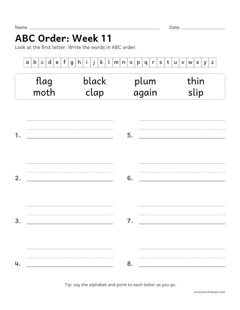 Preview of the printable “ABC Order: week 11 (l-blends)” worksheet: putting spelling words in ABC order by the first letter