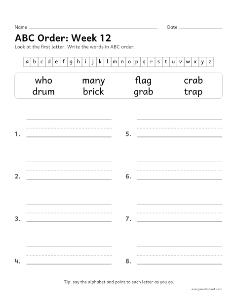 Preview of the printable “ABC Order: week 12 (r-blends)” worksheet: putting spelling words in ABC order by the first letter