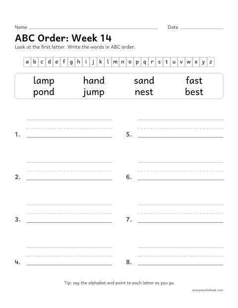 Preview of the printable “ABC Order: week 14 (Ending blends)” worksheet: putting spelling words in ABC order by the first letter