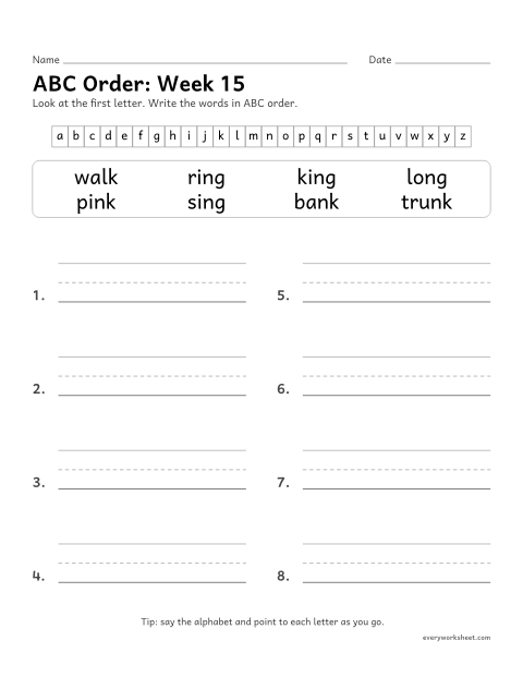 Preview of the printable “ABC Order: week 15 (Words with ng and nk)” worksheet: putting spelling words in ABC order by the first letter