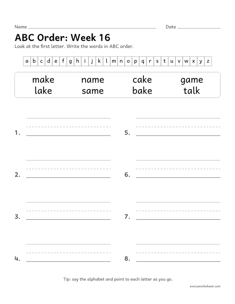 Preview of the printable “ABC Order: week 16 (Silent e: a_e)” worksheet: putting spelling words in ABC order by the first letter