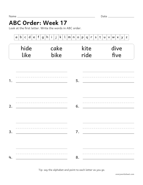 Preview of the printable “ABC Order: week 17 (Silent e: i_e)” worksheet: putting spelling words in ABC order by the first letter