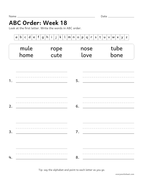Preview of the printable “ABC Order: week 18 (Silent e: o_e and u_e)” worksheet: putting spelling words in ABC order by the first letter