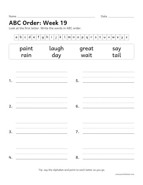 Preview of the printable “ABC Order: week 19 (Long a: ai and ay)” worksheet: putting spelling words in ABC order by the first letter