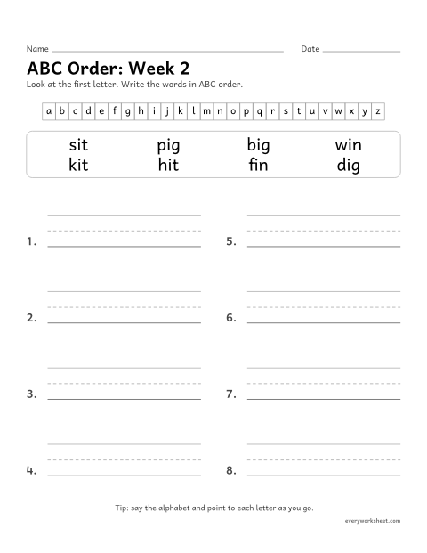 Preview of the printable “ABC Order: week 2 (Short i)” worksheet: putting spelling words in ABC order by the first letter