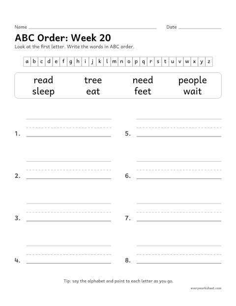 Preview of the printable “ABC Order: week 20 (Long e: ee and ea)” worksheet: putting spelling words in ABC order by the first letter