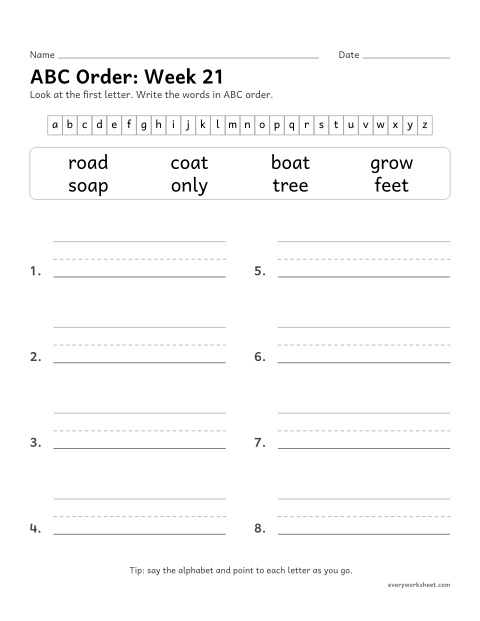Preview of the printable “ABC Order: week 21 (Long o: oa and ow)” worksheet: putting spelling words in ABC order by the first letter