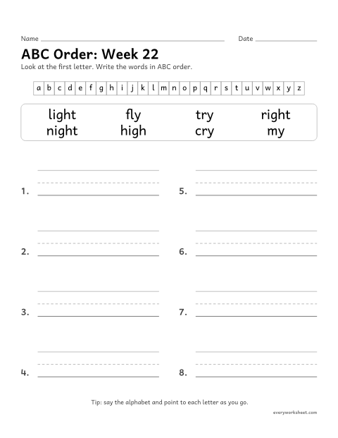 Preview of the printable “ABC Order: week 22 (Long i: igh and y)” worksheet: putting spelling words in ABC order by the first letter