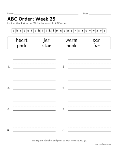 Preview of the printable “ABC Order: week 25 (ar words)” worksheet: putting spelling words in ABC order by the first letter