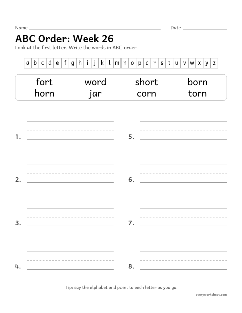Preview of the printable “ABC Order: week 26 (or words)” worksheet: putting spelling words in ABC order by the first letter