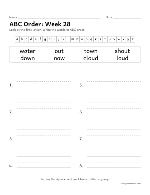 Preview of the printable “ABC Order: week 28 (ou and ow)” worksheet: putting spelling words in ABC order by the first letter
