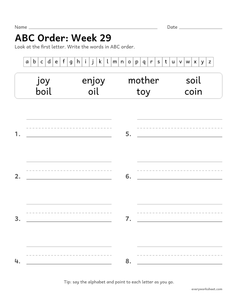 Preview of the printable “ABC Order: week 29 (oi and oy)” worksheet: putting spelling words in ABC order by the first letter