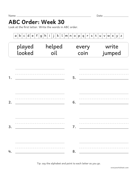 Preview of the printable “ABC Order: week 30 (Endings -ed and -ing)” worksheet: putting spelling words in ABC order by the first letter