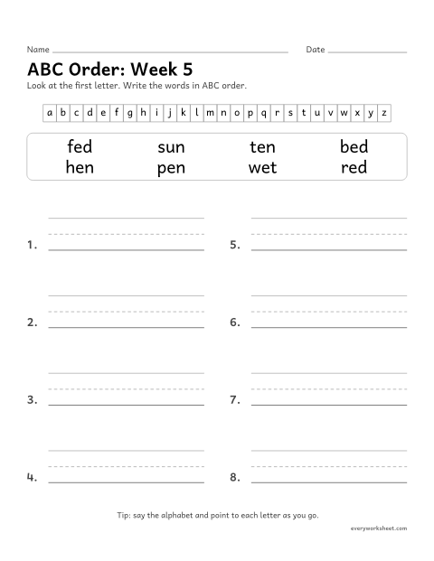 Preview of the printable “ABC Order: week 5 (Short e)” worksheet: putting spelling words in ABC order by the first letter