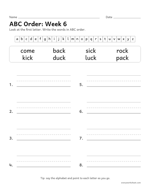 Preview of the printable “ABC Order: week 6 (Words with ck)” worksheet: putting spelling words in ABC order by the first letter