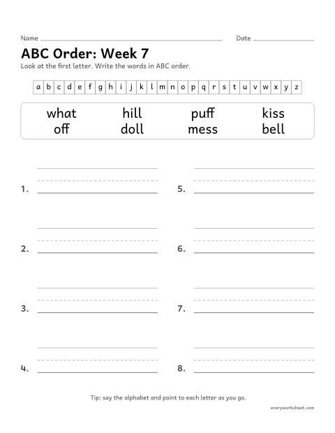 Preview of the printable “ABC Order: week 7 (Double letters ff, ll, ss, zz)” worksheet: putting spelling words in ABC order by the first letter