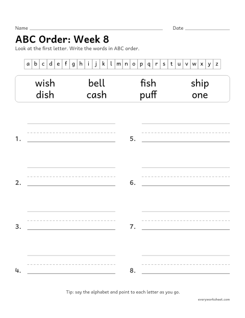 Preview of the printable “ABC Order: week 8 (Words with sh)” worksheet: putting spelling words in ABC order by the first letter