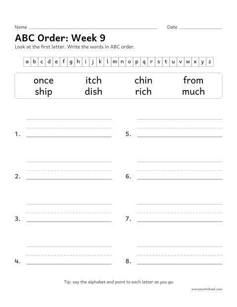 Preview of the printable “ABC Order: week 9 (Words with ch and tch)” worksheet: putting spelling words in ABC order by the first letter