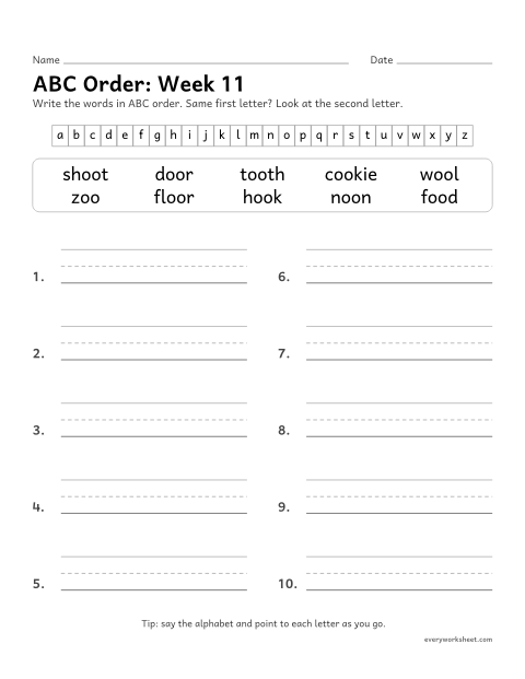 Preview of the printable “ABC Order: week 11 (oo as in moon and book)” worksheet: putting spelling words in ABC order to the second letter