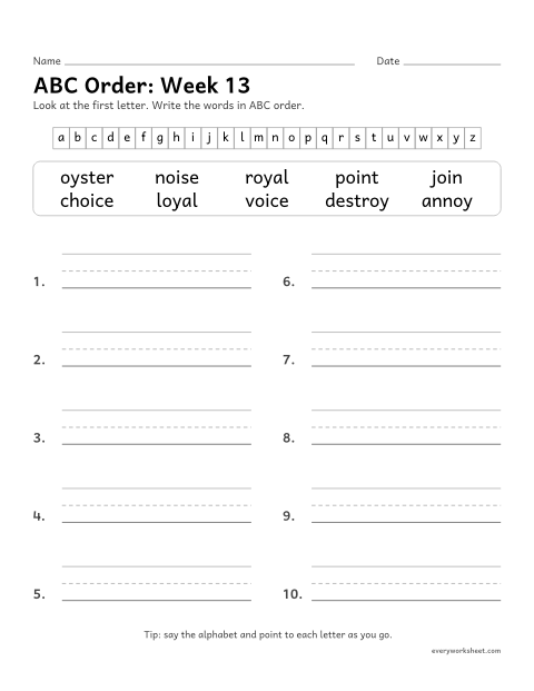 Preview of the printable “ABC Order: week 13 (oi and oy)” worksheet: putting spelling words in ABC order to the second letter