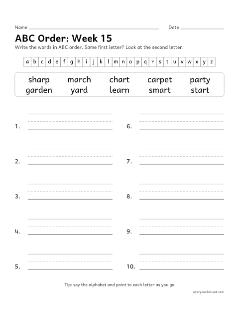 Preview of the printable “ABC Order: week 15 (ar words)” worksheet: putting spelling words in ABC order to the second letter